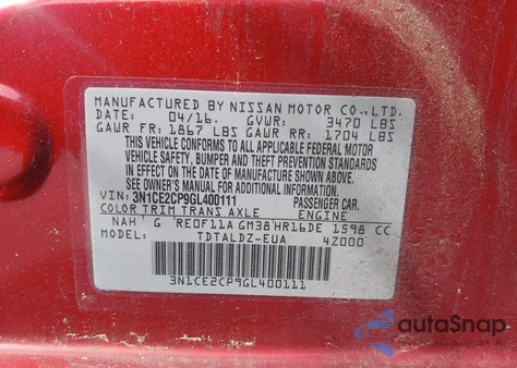 2016 Nissan Versa Note S (Sr)/S Plus/Sl/Sr/Sv z USA, uszkodzony, nr VIN 3N1CE2CP9GL400111